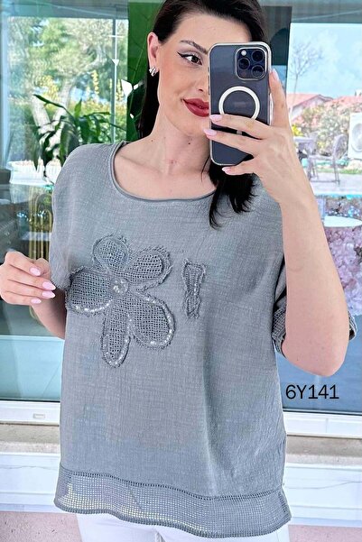 İnce Topuk Daisy Sequin Embroidered Linen Blouse 6Y141