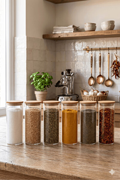 NOKKA 6-Piece Bamboo Vacuum Lid Borosilicate Glass Spice Jar Set - 500 ml