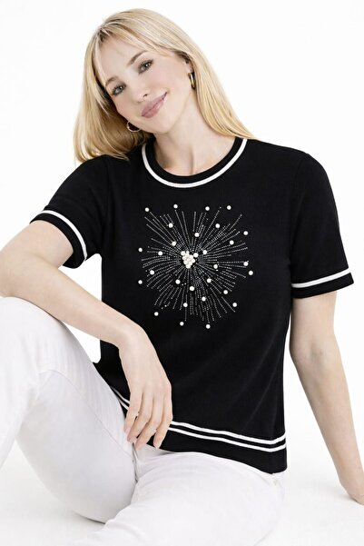 ZERELLE COLLECTİON kadın inci ve taş detaylı sıfır yaka t-shirt