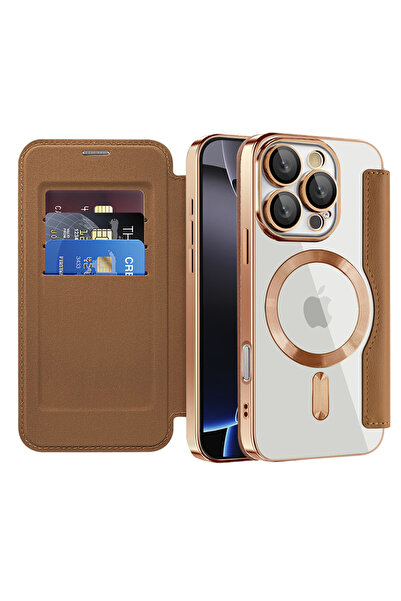 DAMUR Husă Flip MagSafe Apple iPhone 16 Pro, Slot card RFID, Tip carte, Maro