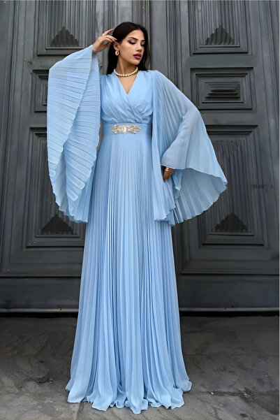 lodmela Βραδινό φόρεμα με διπλό γιακά, μανίκια νυχτερίδα και πιέτες 2235-Μπλε...