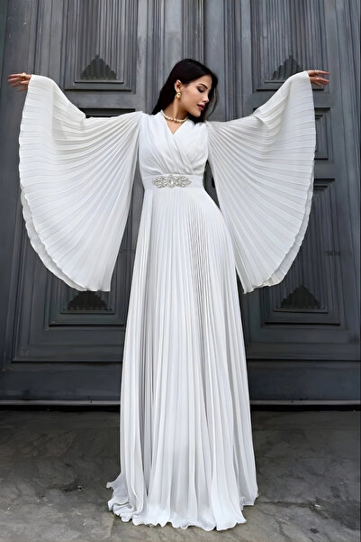 lodmela Διπλό πλισέ βραδινό φόρεμα με γιακά και μανίκια νυχτερίδας 2235-Λευκό