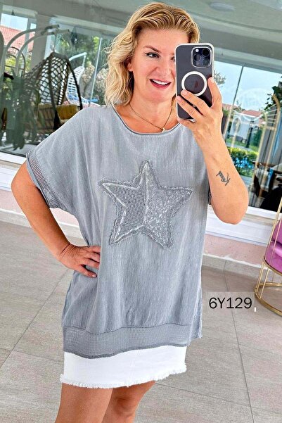 İnce Topuk File Detail Starry Linen Blouse 6Y129