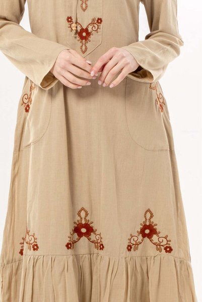 Eliş Şile Bezi Long Sleeve Zühre Embroidery Detailed Lace Collar Pocketed Voile Long Dress Mink Vzn