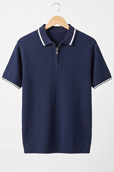 Edwox Men's Polo Collar Striped T-Shirt Navy Blue Cd177