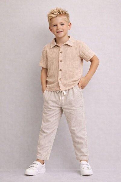 CoolCix Boys' Striped Cotton Pants and Muslin Shirt Set of 2