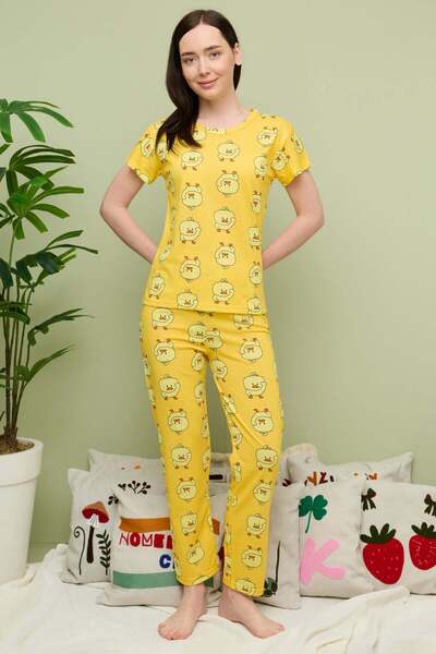 Fulla Moda Σετ πιτζάμες με κοντό μανίκι και λαιμόκοψη με σχέδιο νεοσσών