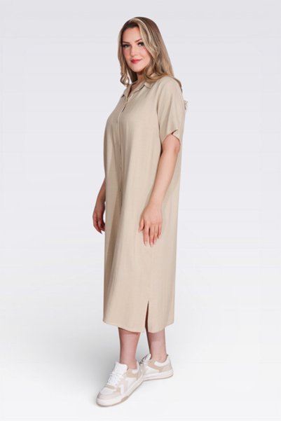 TOLGA SARAÇOĞLU 40289 Beige Light Fabric Short Sleeve Dress