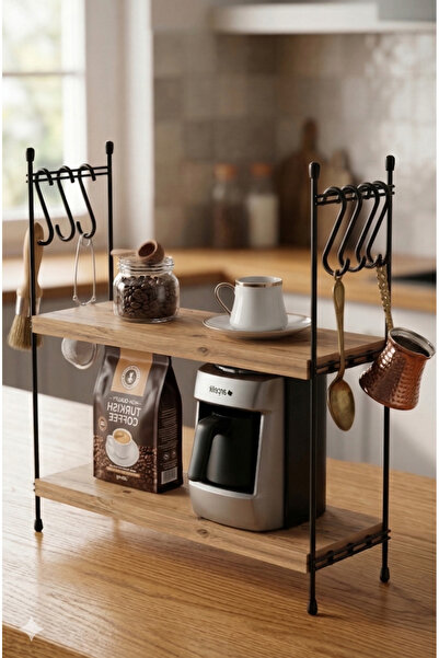 PEKA Mini Kahve Köşesi Mutfak Tezgah Üstü Ahşap Organizer 2 Raflı Banyo Düzen...