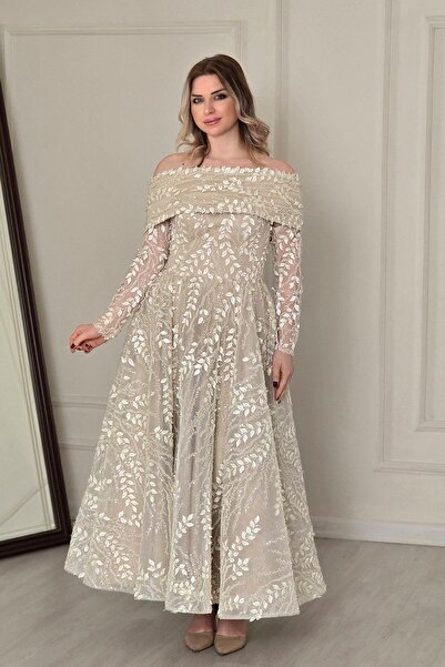 Yonca Moda Evi Bej Yaprak Tasarım Abiye 8031
