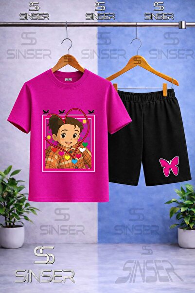 SS SİNSER Kids' Crn Girl Heart Printed Crew Neck T-Shirt - Shorts Set