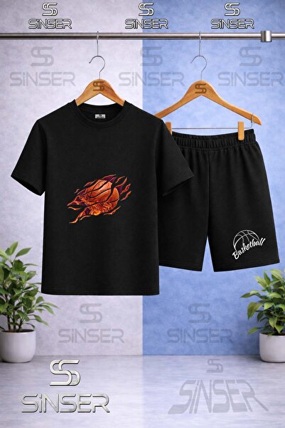SS SİNSER Children's Flame Basketball Printed Crew Neck T-Shirt - Shorts Set