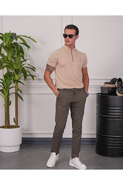 MODEFENDİ Βαμβακερό μπλουζάκι Lycra Slim Fit με φερμουάρ στο γιακά
