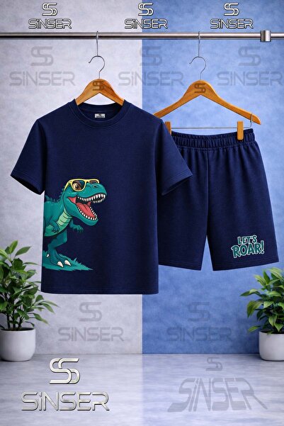 SS SİNSER Children's Dinosaur Glasses Green Side Printed Crew Neck T-Shirt - ...
