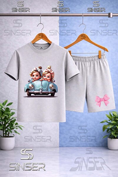 SS SİNSER Children's Car 2Li Girl Cute Printed Crew Neck T-Shirt - Shorts Set