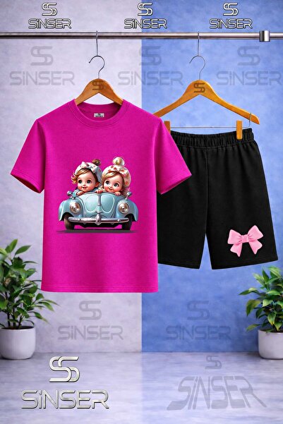 SS SİNSER Children's Car 2Li Girl Cute Printed Crew Neck T-Shirt - Shorts Set