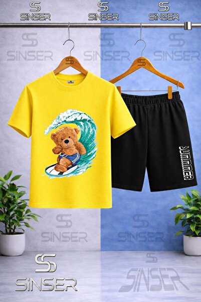 SS SİNSER تي شيرت للأطفال برقبة دائرية مطبوع عليه AYICIK SORTLU SURF - طقم شورت