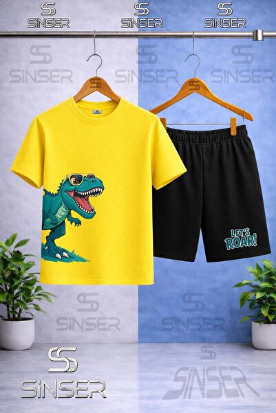 SS SİNSER تي شيرت للأطفال بطبعة DINOSAUR GOZLUKLU باللون الأخضر مع طباعة جانب...