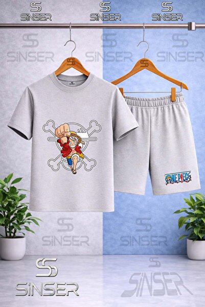 SS SİNSER Children's Anime One Piece Carpi Printed Crew Neck T-Shirt - Shorts...
