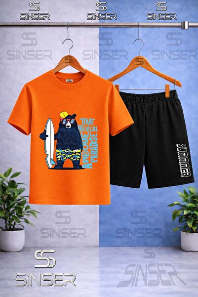 SS SİNSER Children's Ayicik Syh Surf Sapka Printed Crew Neck T-Shirt - Shorts...