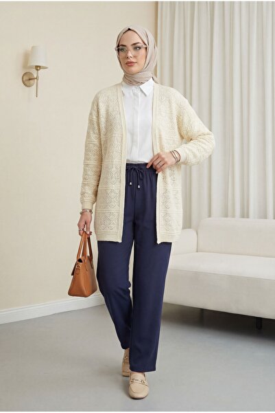 Modamorfo Ζακέτα με τετράγωνο σχέδιο και διάτρητο σχέδιο, χαλαρή εφαρμογή - μπεζ