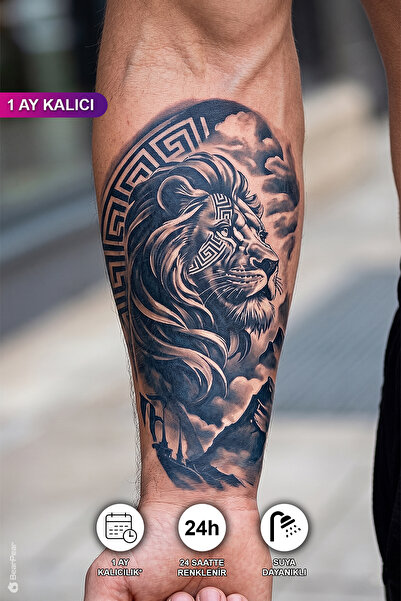 BP Tattoo 1 Ay Kalıcı Mitolojik Aslan ve Dağ Manzaralı Geçici Dövme