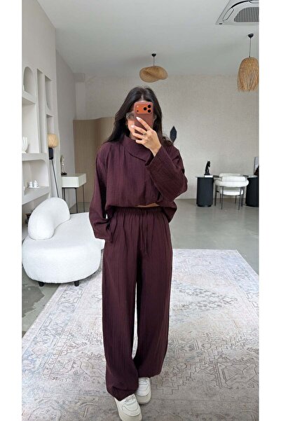 Buket Teke Σετ πουκάμισο και παντελόνι με πλαϊνά κουμπιά σε χρώμα δαμασκηνί