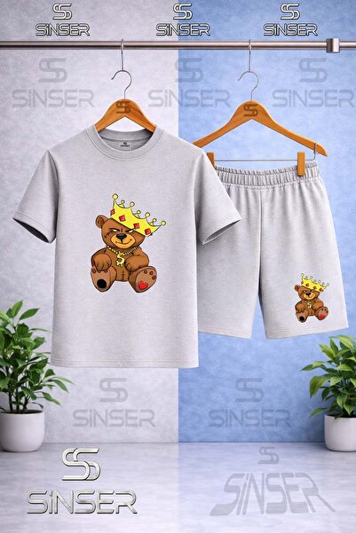 SS SİNSER Children's Bear Patched Crown Printed Crew Neck T-Shirt - Shorts Set