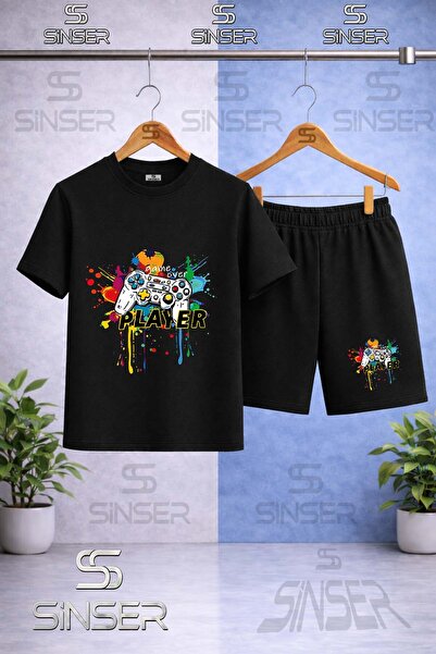 SS SİNSER Kids' Game on Player Colorful Printed Crew Neck T-Shirt - Shorts Set