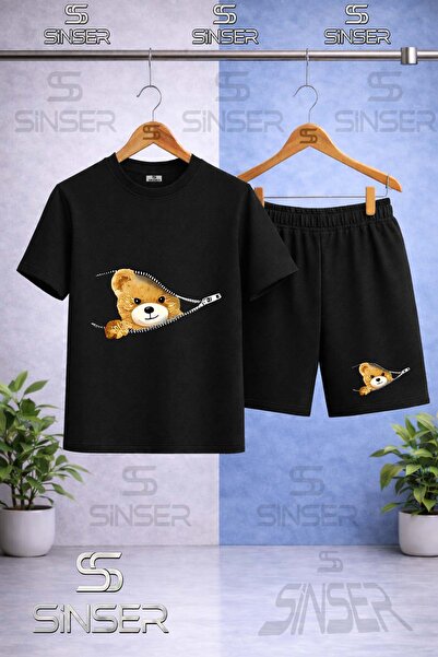 SS SİNSER Children's Zippered Bear Printed Crew Neck T-Shirt - Shorts Set