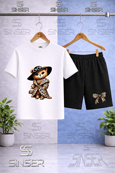 SS SİNSER Children's Bear Leopard Fur Printed Crew Neck T-Shirt - Shorts Set