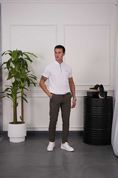 MODEFENDİ Βαμβακερό μπλουζάκι Lycra Slim Fit με φερμουάρ στο γιακά
