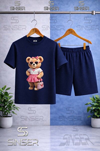 SS SİNSER Children's Bear Pink Skirt Canta Printed Crew Neck T-Shirt - Shorts...