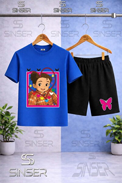SS SİNSER Kids' Crn Girl Heart Printed Crew Neck T-Shirt - Shorts Set