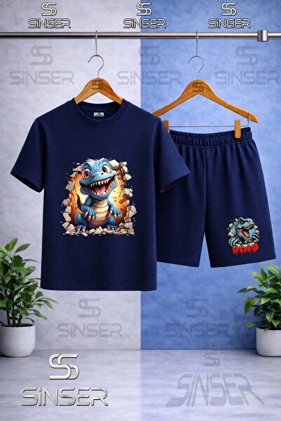 SS SİNSER Children's Dinosaur Blue Dinosaur Printed Crewneck T-Shirt - Shorts...