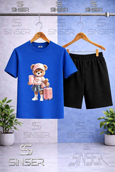 SS SİNSER Children's T-Shirt with Bear and Suitcase Print - Short Set