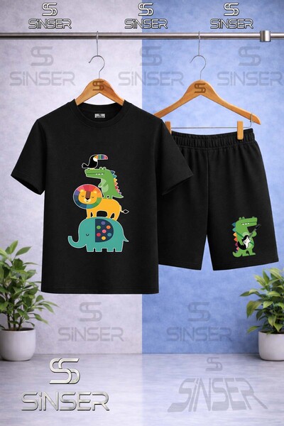 SS SİNSER Children's Animal Ust Uste Coklu Printed Crew Neck T-Shirt - Shorts...