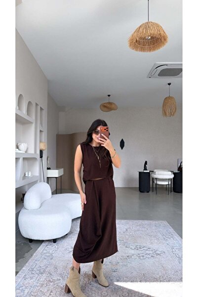 Buket Teke Καφέ Σετ Φούστας-Μπλούζας με Μποέμ Λεπτομέρειες και Κορδόνια