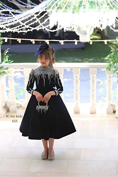 JC Children's Velvet Evening Dress in Navy Blue with Silver Embroidery Violet...