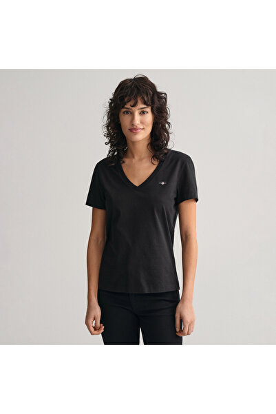 Gant Kadın Siyah V Yaka Regular Fit Logolu T-Shirt