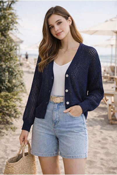 La cannee Buttoned Mesh Cardigan-Navy Blue
