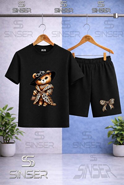 SS SİNSER Children's Bear Leopard Fur Printed Crew Neck T-Shirt - Shorts Set