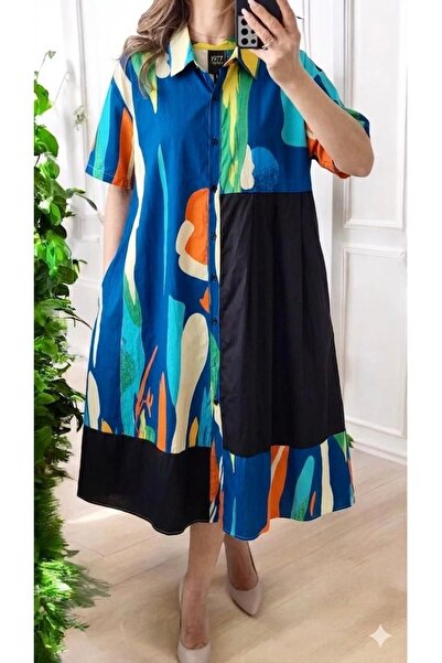 styleFlex Rochie Tip Cămașă din Bumbac 100% cu Imprimeu Abstract și Buzunare