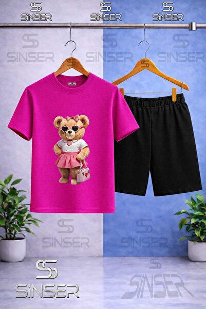 SS SİNSER Children's Bear Pink Skirt Canta Printed Crew Neck T-Shirt - Shorts...