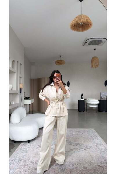 Buket Teke Κρεμ Σετ Παντελόνι και Μπουφάν από 100% Βαμβάκι με Χρυσή Λεπτομέρεια