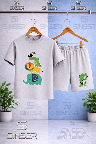 SS SİNSER Children's Animal Ust Uste Coklu Printed Crew Neck T-Shirt - Shorts...
