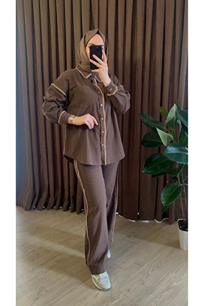 studio fashion 1988 طقم بنطلون وقميص نسائي من القطن المنسوج باللون البني مع ت...