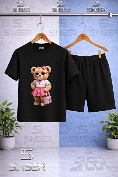 SS SİNSER Children's Bear Pink Skirt Canta Printed Crew Neck T-Shirt - Shorts...