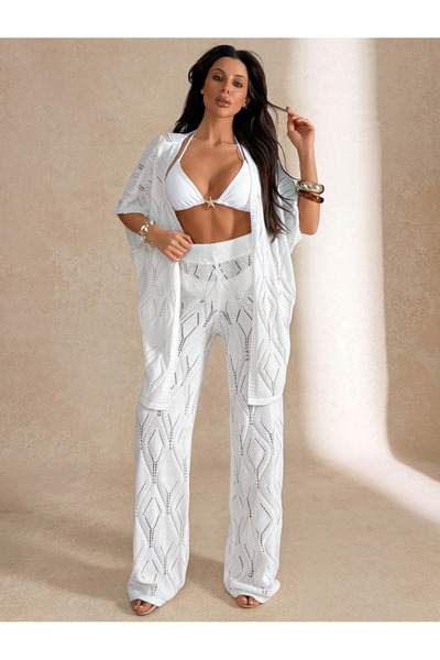 SÇLK Εκρού διάτρητο πλεκτό κιμονό σετ παντελονιού γυναικείο καλοκαιρινό σύνολ...