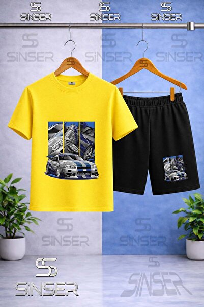 SS SİNSER Children's Car Blue Multiple Square Printed Crew Neck T-Shirt - Sho...